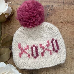 Hand Knit Cozy Hat (Infant Size) XOXO with Pink Pom Pom Valentines Day Sweet